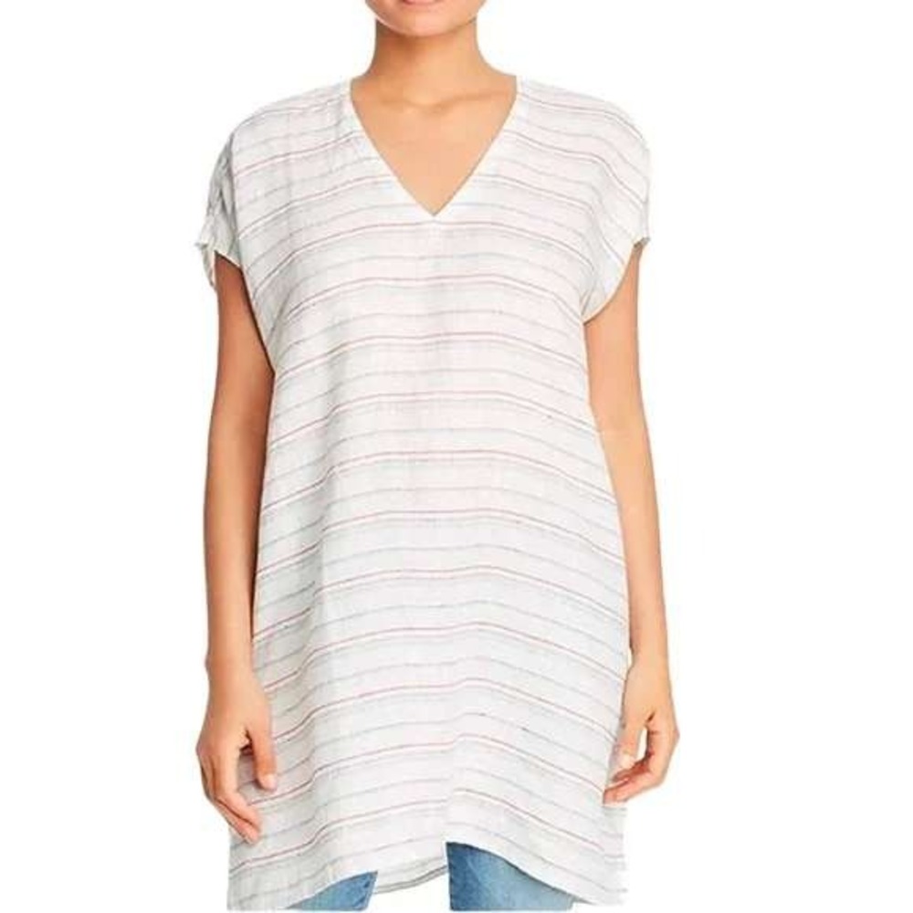 Eileen Fisher Striped Linen Blend Tunic Midi V Neck Cap Sleeve‎